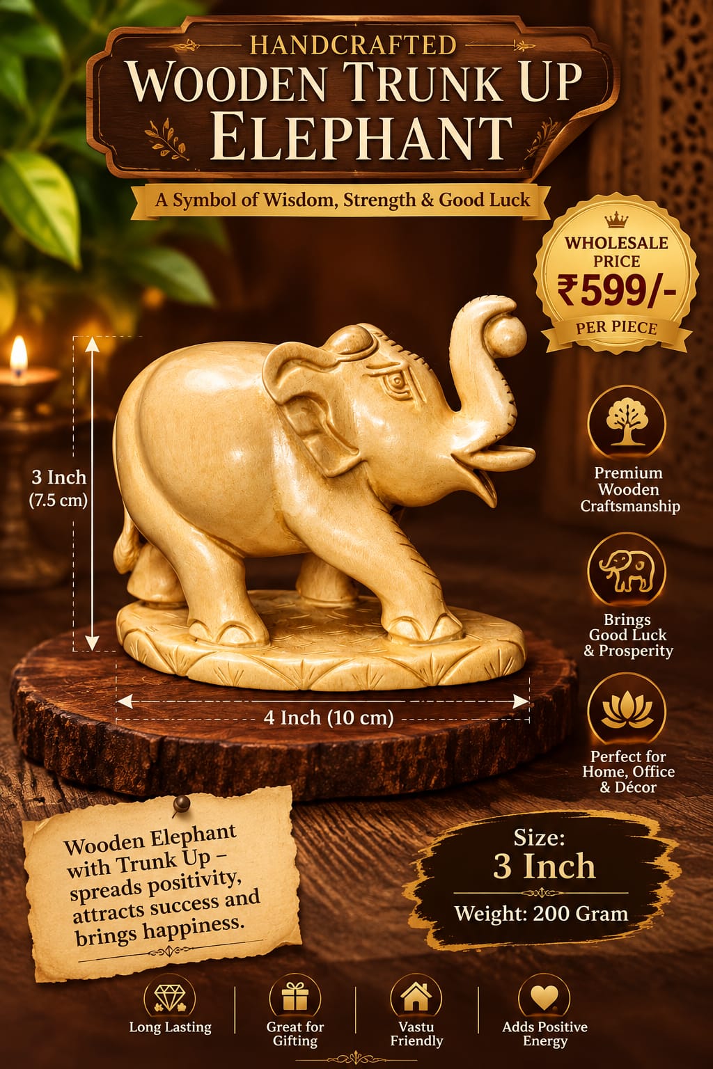 WOODEN TRUNK UP ELEPHANT WITH BALL