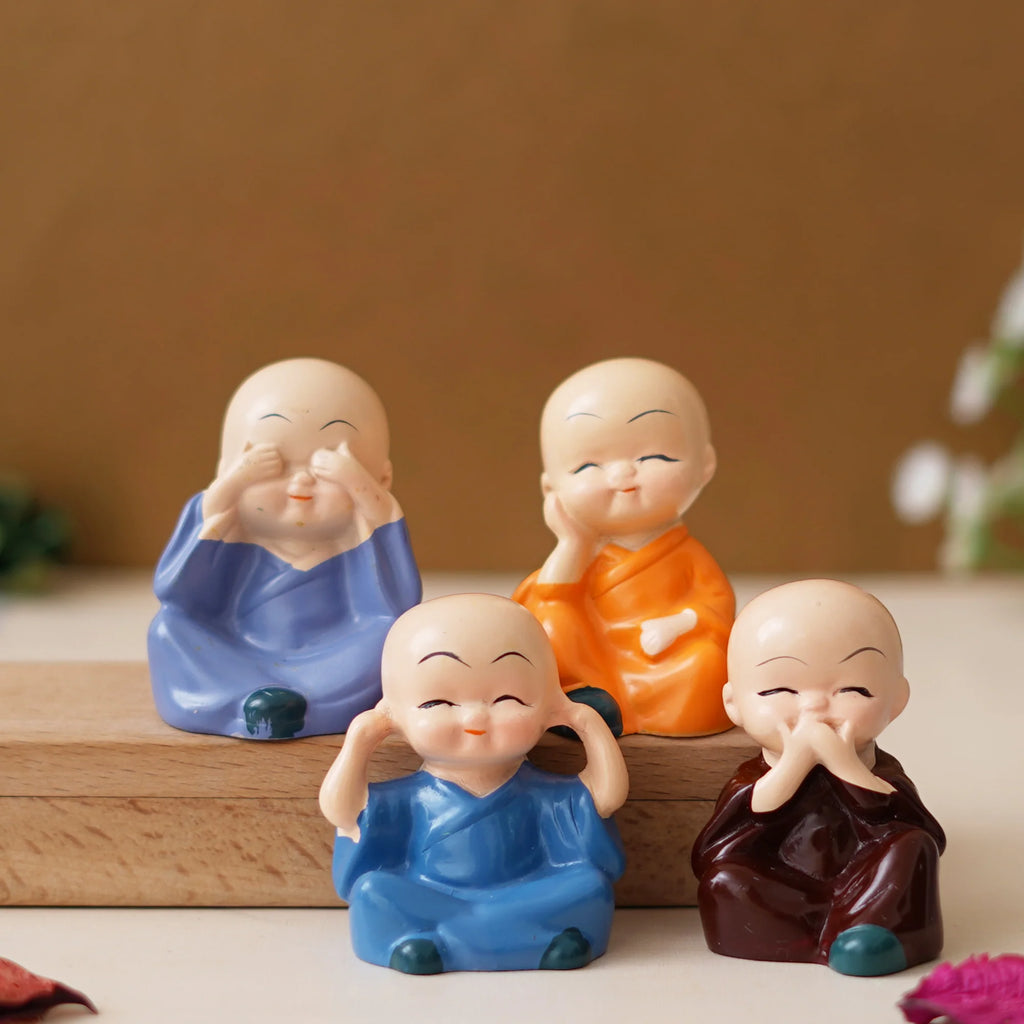 Set Of 4 Cute Little Monk Buddha Statues Decorative Showpieces For Car Dashboard, Home Office Decor