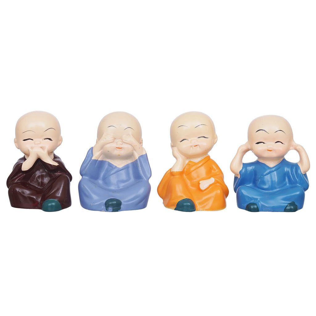 Set Of 4 Cute Little Monk Buddha Statues Decorative Showpieces For Car Dashboard, Home Office Decor