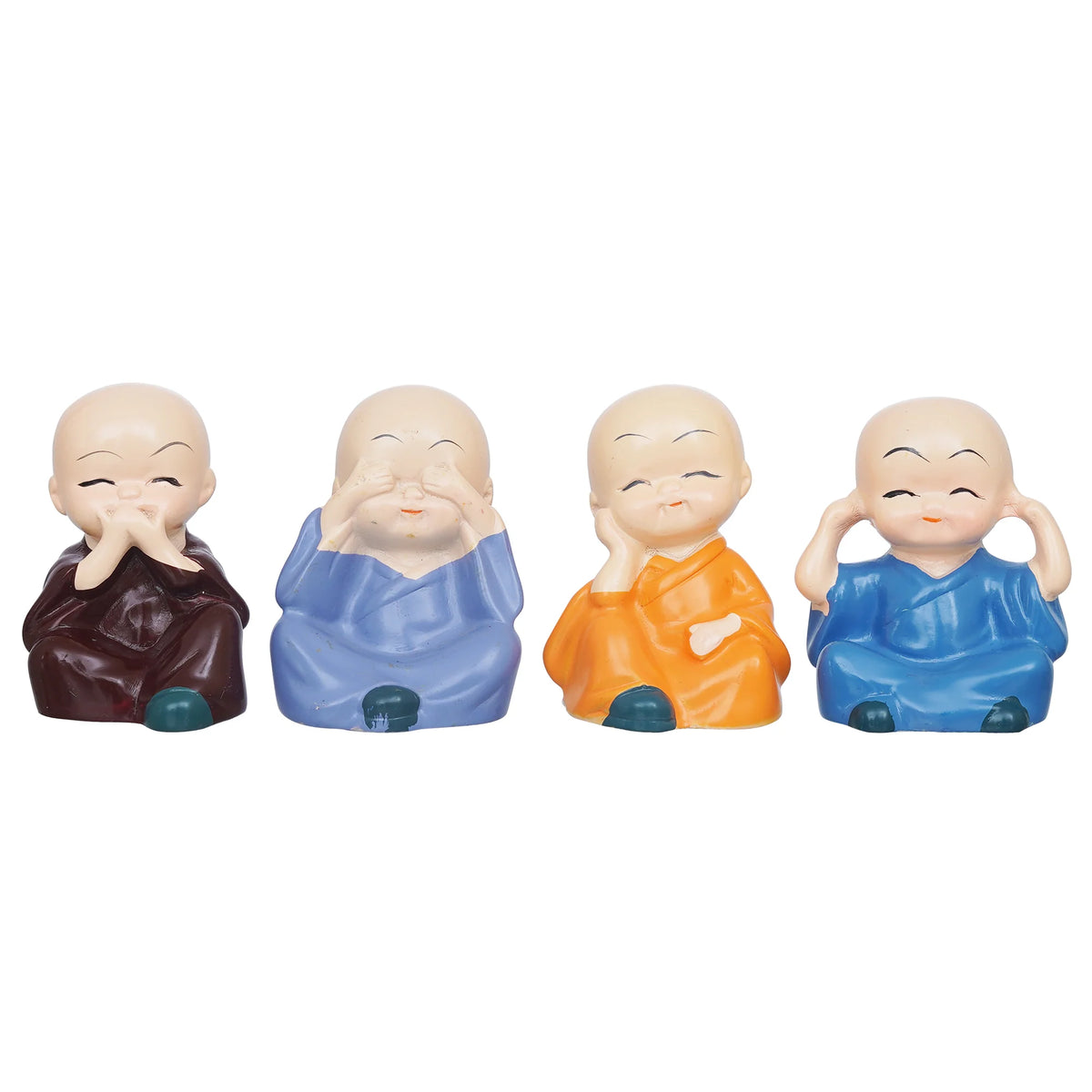 Set Of 4 Cute Little Monk Buddha Statues Decorative Showpieces For Car Dashboard, Home Office Decor