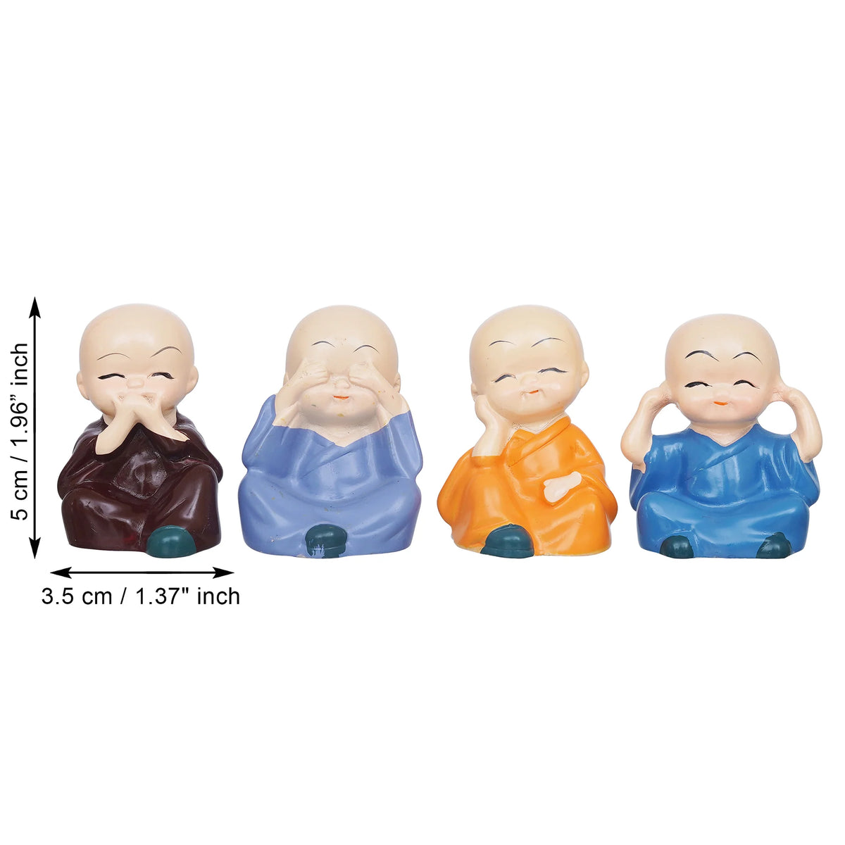 Set Of 4 Cute Little Monk Buddha Statues Decorative Showpieces For Car Dashboard, Home Office Decor