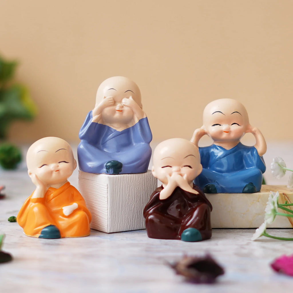Set Of 4 Cute Little Monk Buddha Statues Decorative Showpieces For Car Dashboard, Home Office Decor