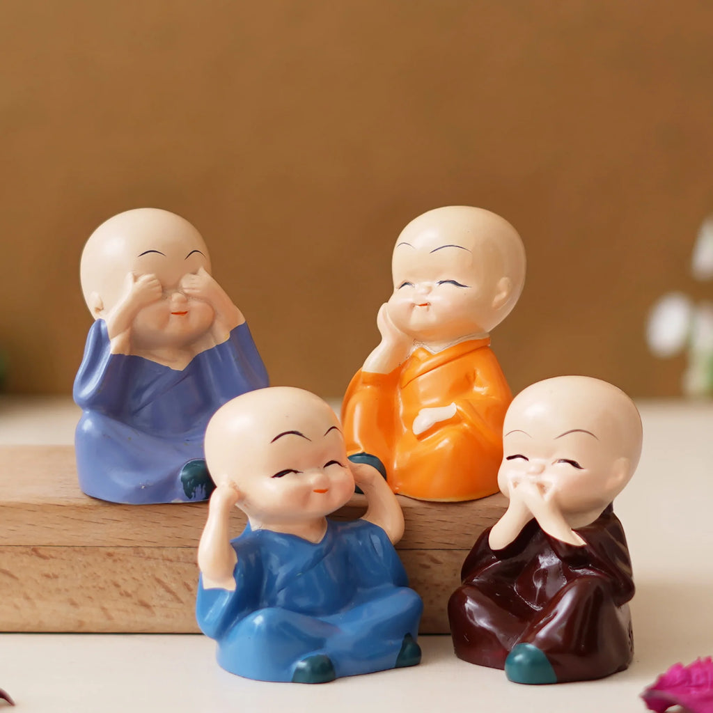 Set Of 4 Cute Little Monk Buddha Statues Decorative Showpieces For Car Dashboard, Home Office Decor