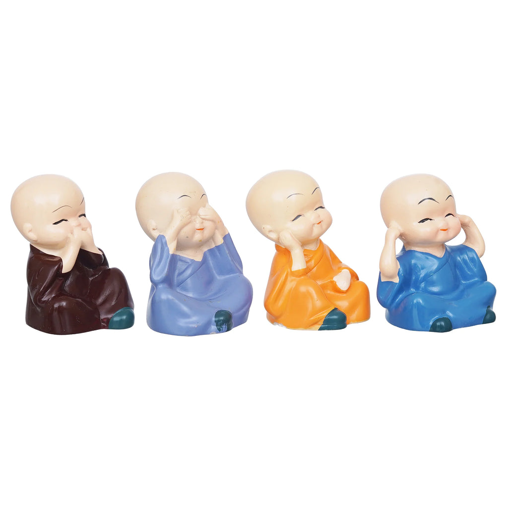 Set Of 4 Cute Little Monk Buddha Statues Decorative Showpieces For Car Dashboard, Home Office Decor