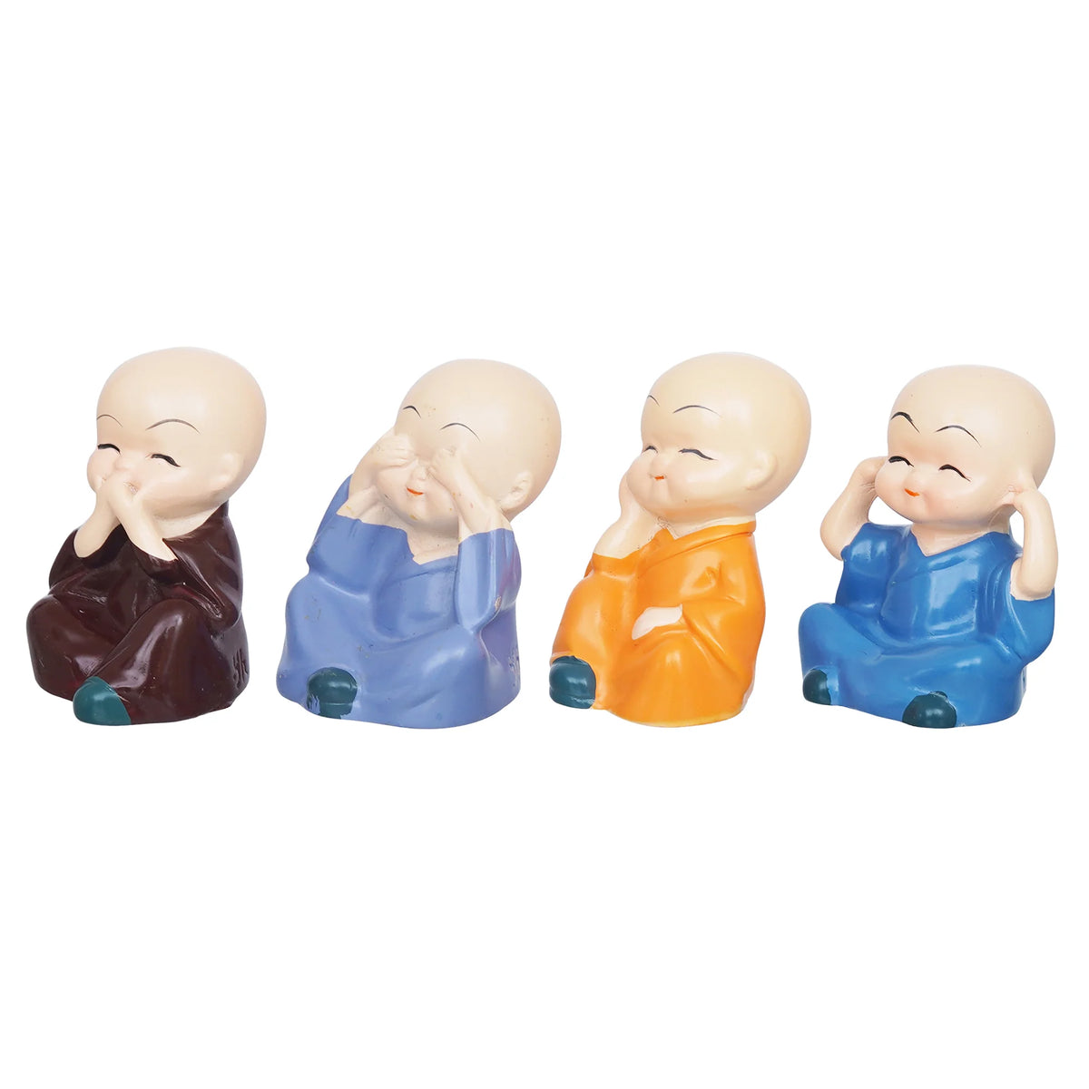 Set Of 4 Cute Little Monk Buddha Statues Decorative Showpieces For Car Dashboard, Home Office Decor