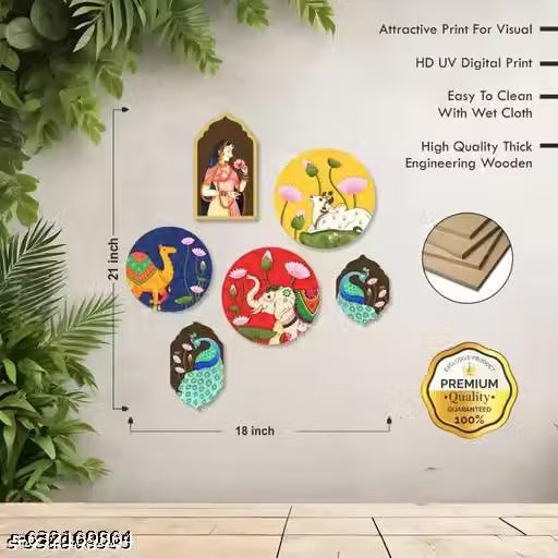 Pichwai Art MDF Wall Painting for Living Room | Wall decor | Home Decor | Wall Hanging ( Set of 6 )