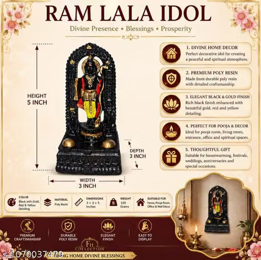 Ram Lala Idol for Home Temple & Car Dashboard | Lord Ram Lalla Murti Statue, multicolor Resin Decorative Idol for Pooja Room, Living Room, Office, Shelf & Table Decor, Spiritual Gift