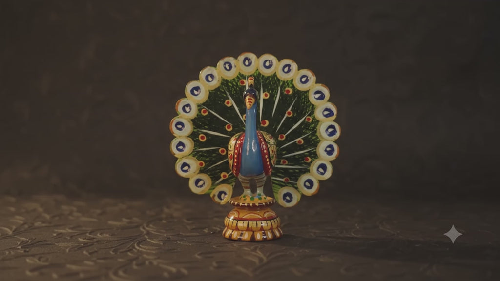Wooden hand painted peacock
