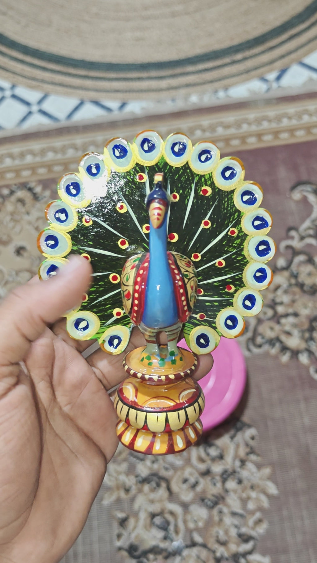 Wooden hand painted peacock