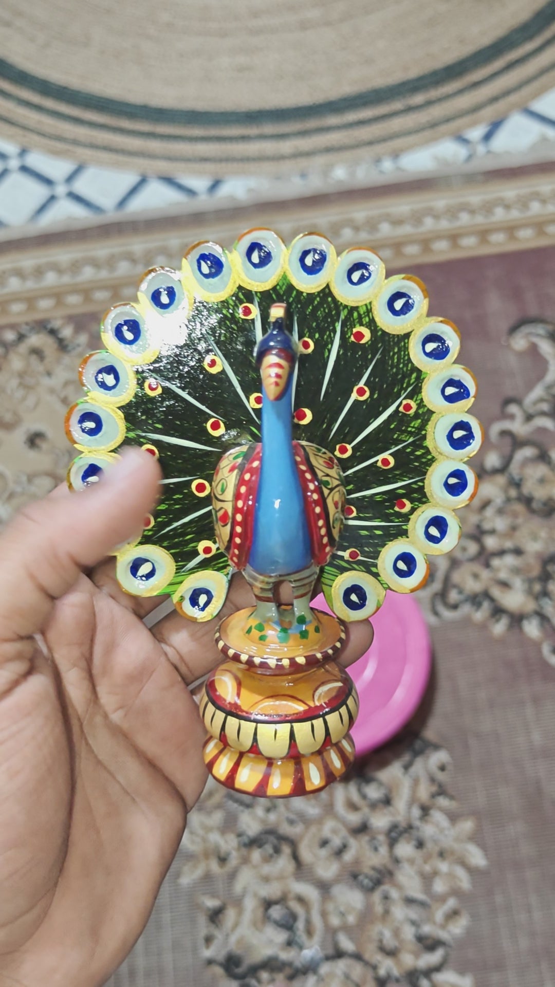 Wooden hand painted peacock