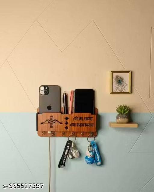Wooden Key Holder & Phone Stand with Charger Slot