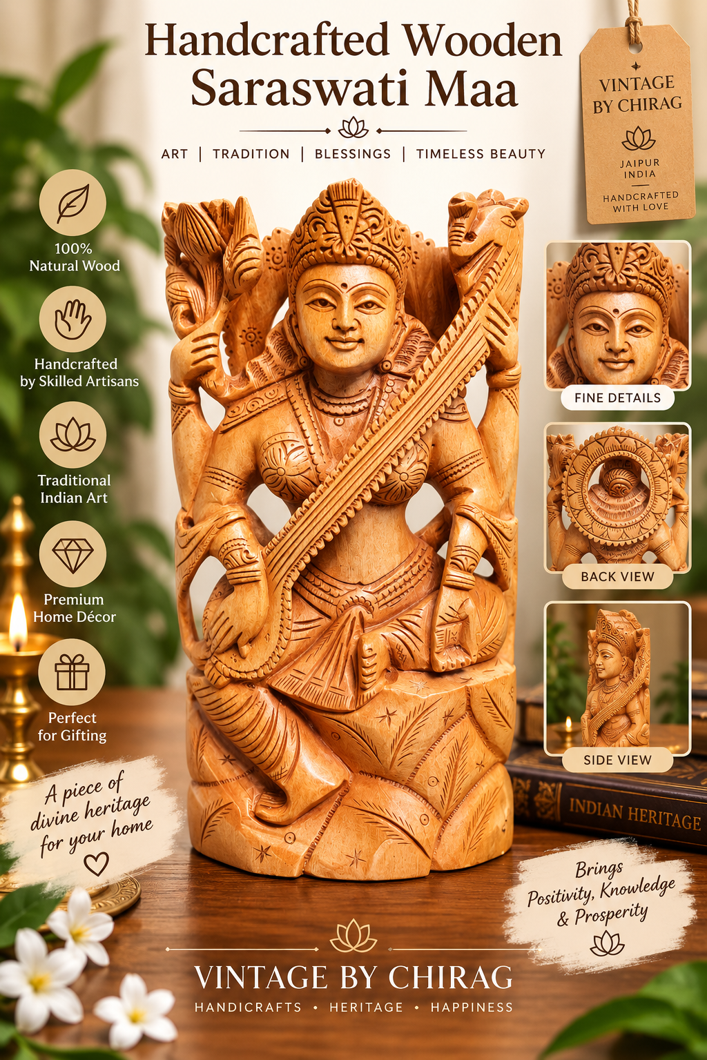Wooden saraswati maa 10 inch