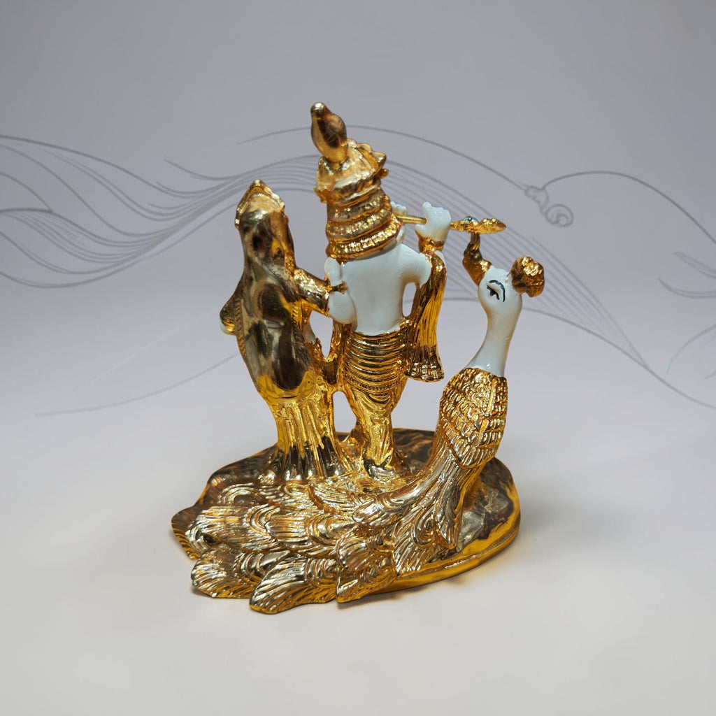 Radha Krishna with peacock gold plated statue