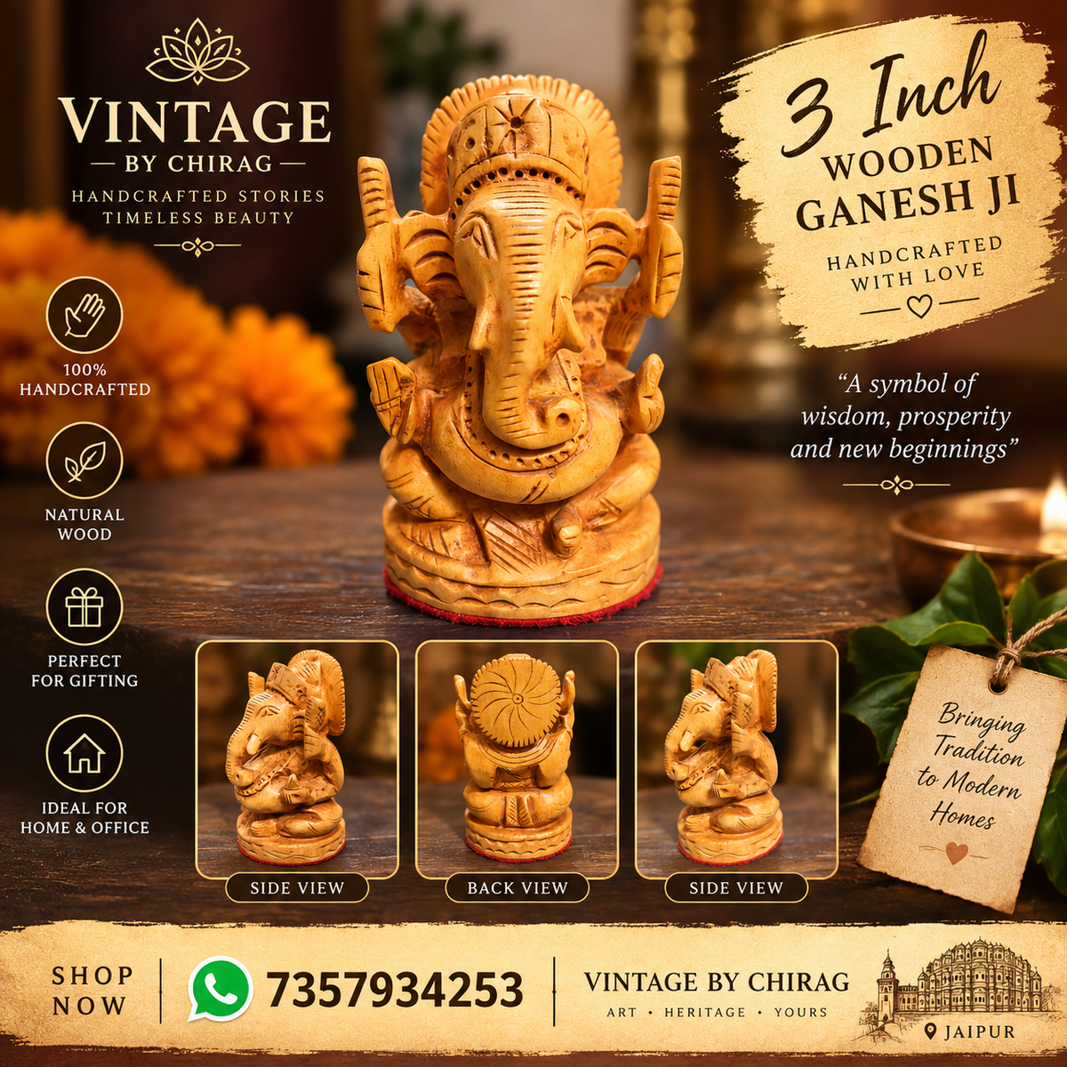 Wooden ganesh 3 inch