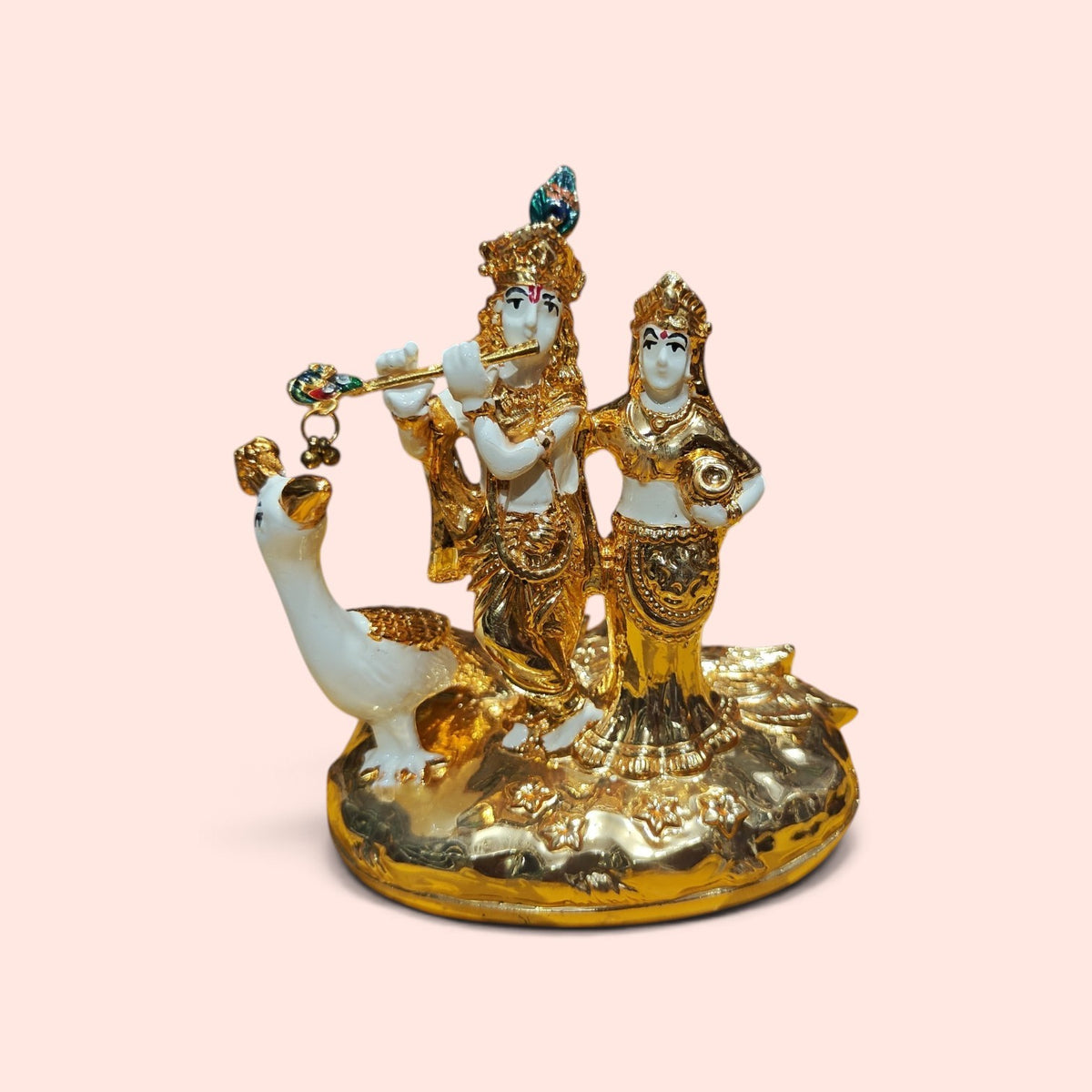Radha Krishna with peacock gold plated statue